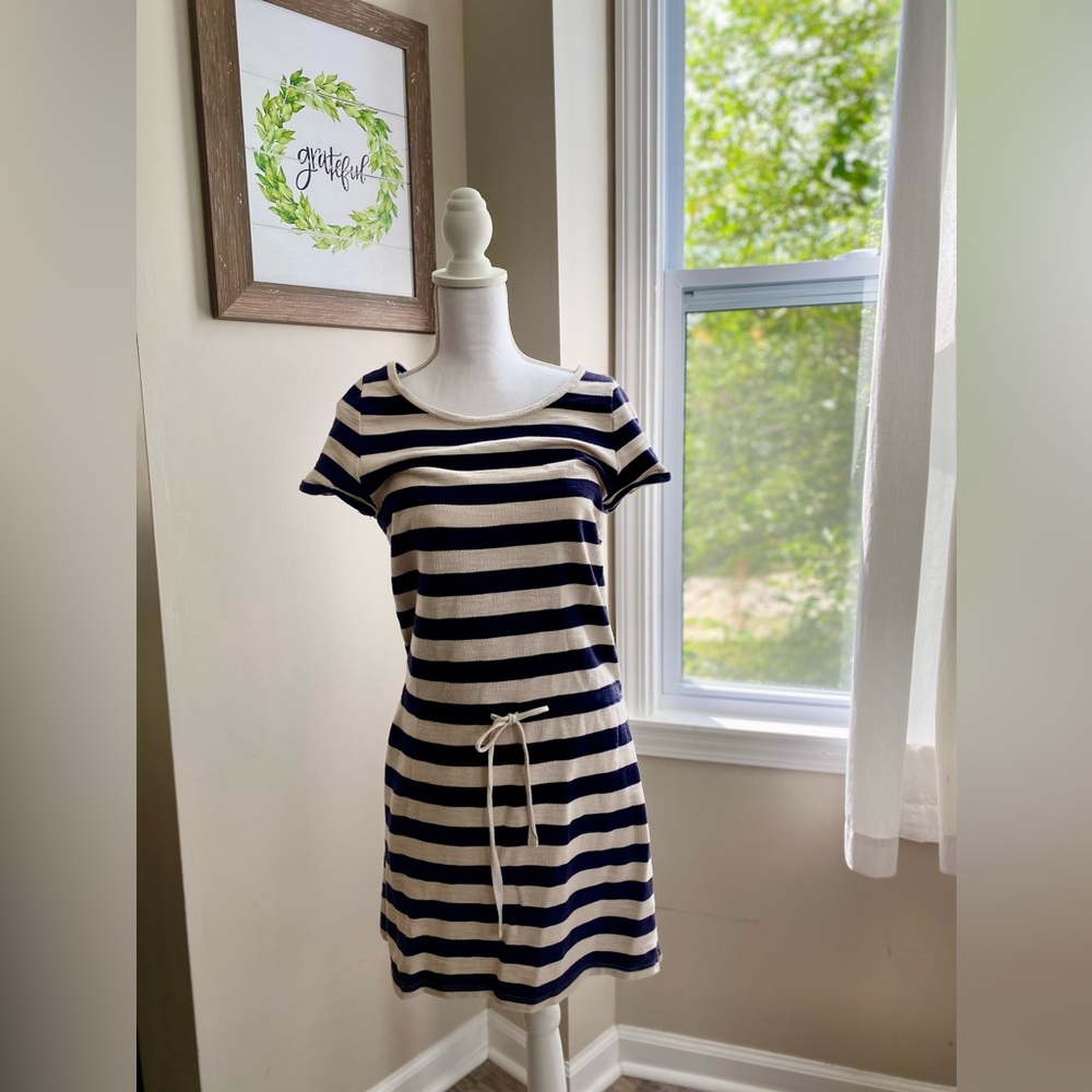 Loft striped Dress Navy blue and cream with drawstring